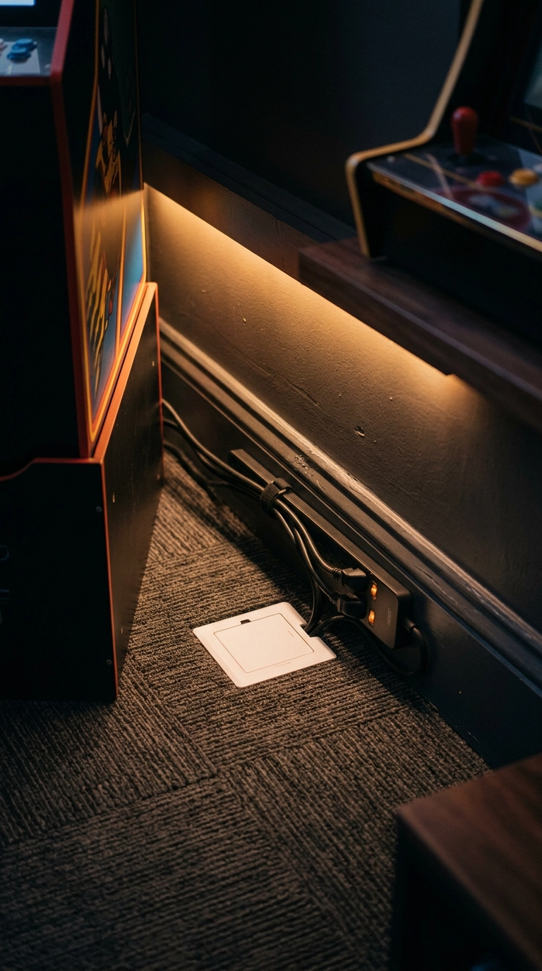 Flush floor outlet and tidy surge strip at the base of arcade cabinets in an arcade room