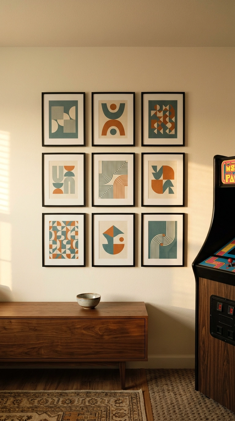 Nine-frame grid of abstract geometric prints above a walnut console in an arcade room
