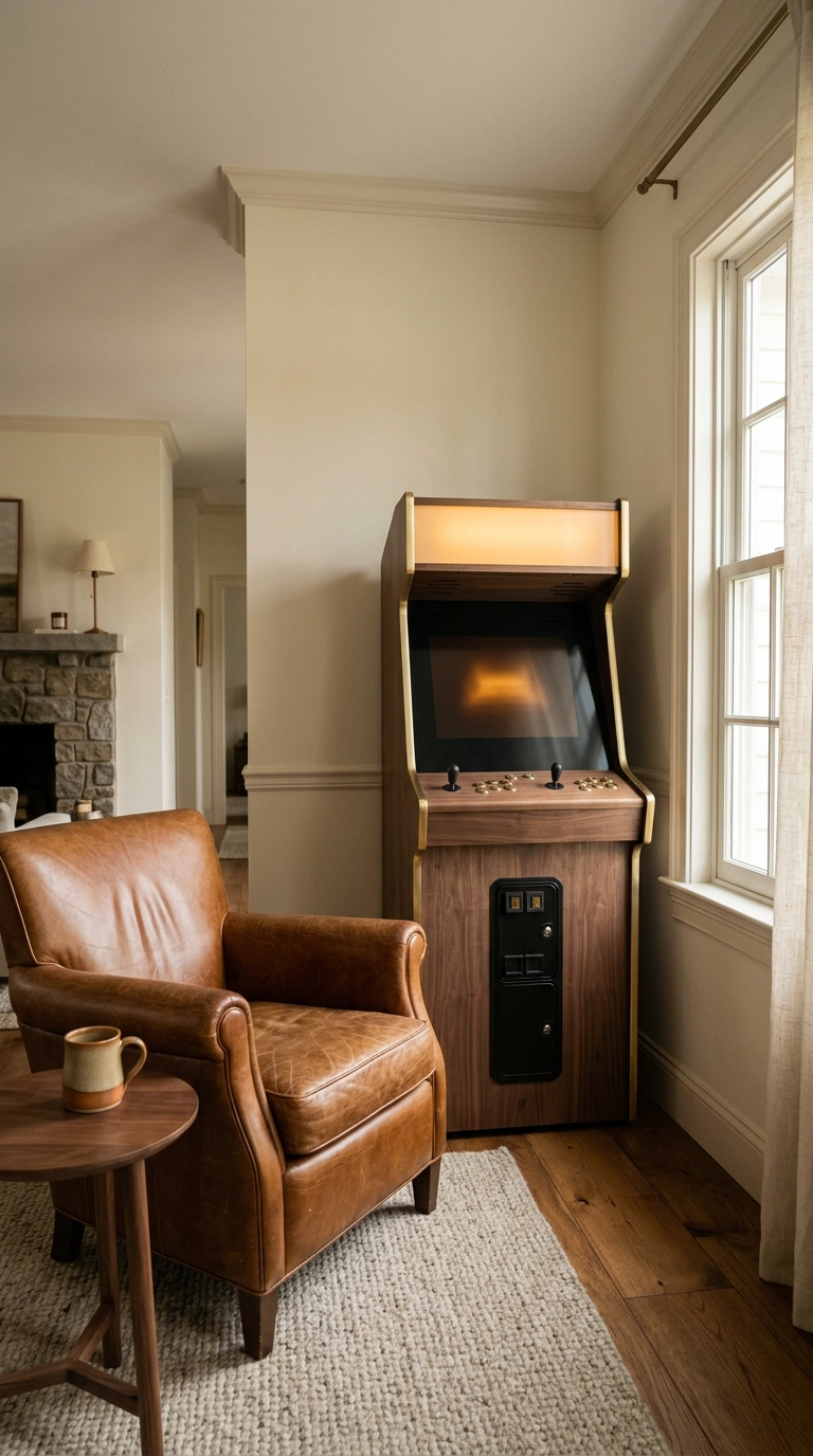 Single wood-wrapped arcade cabinet in the corner of a warm neutral living room