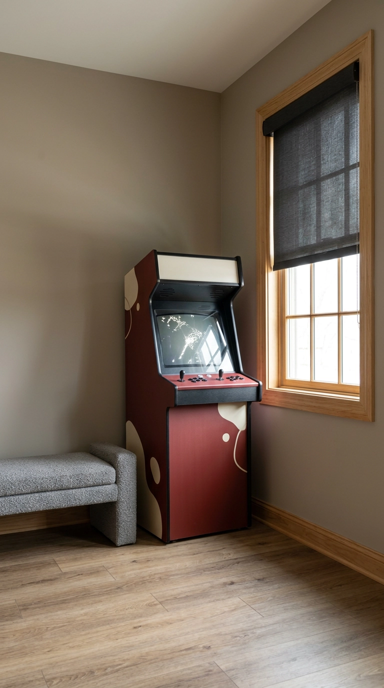 Arcade cabinet placed perpendicular to a window with a charcoal blackout roller shade