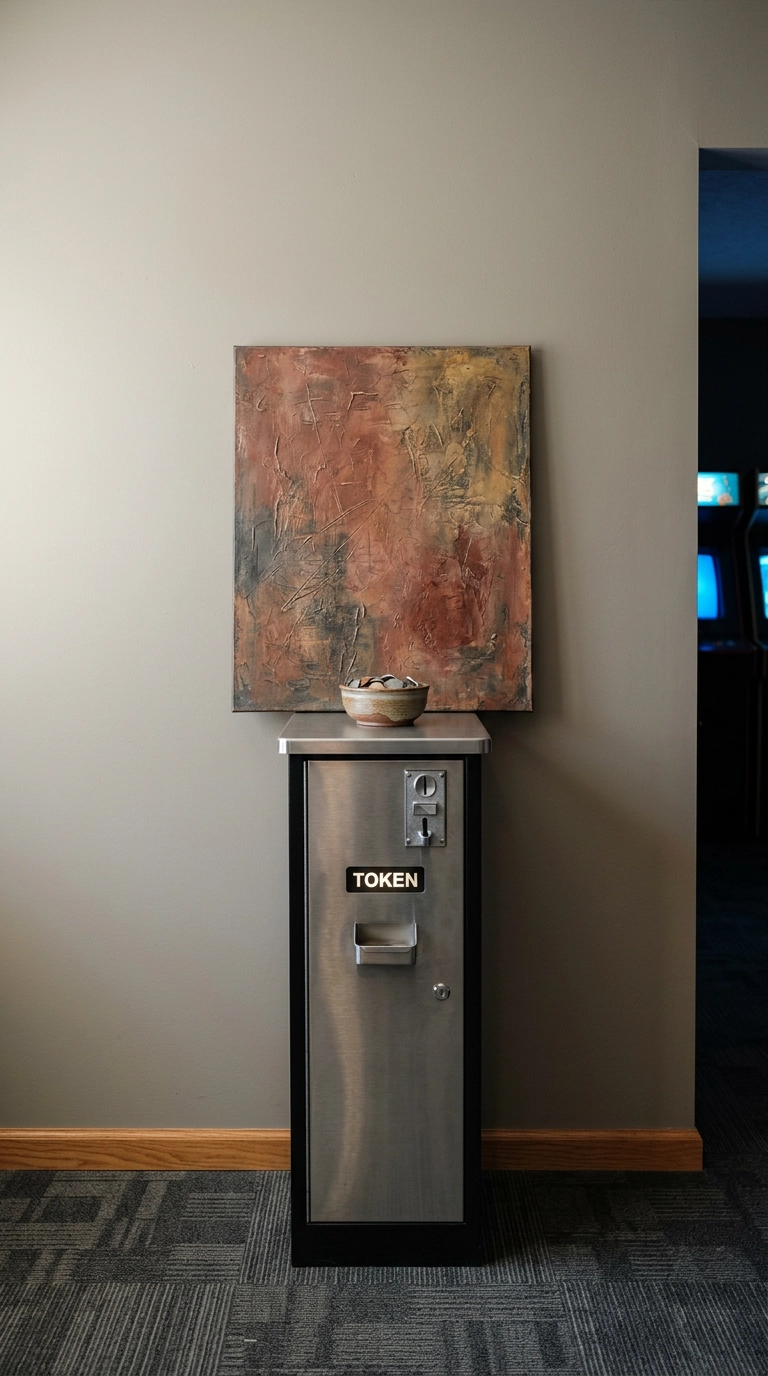 Stainless token machine styled as a console table with a leaning abstract canvas above