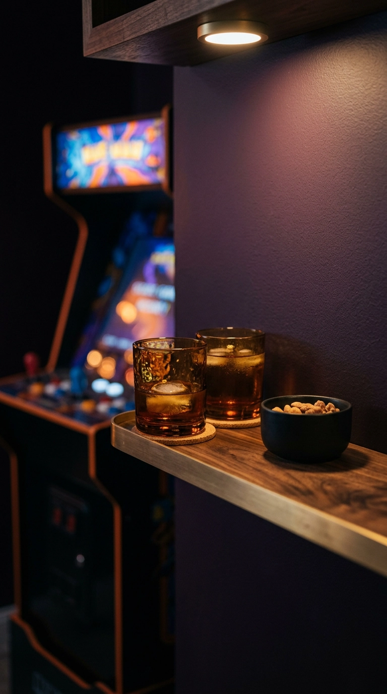 Narrow walnut drink rail with two glasses on coasters beside a blurred arcade cabinet