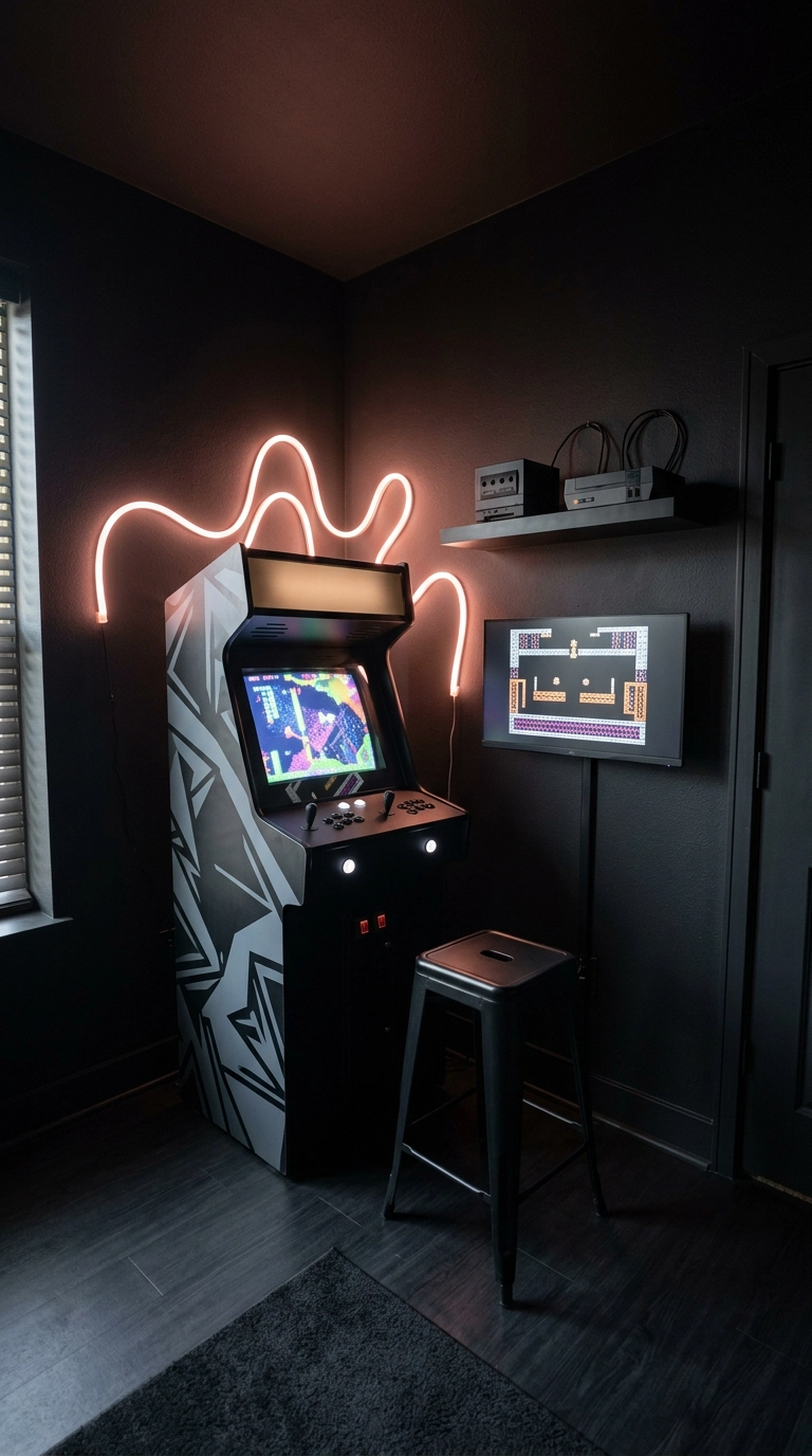 All-black minimalist arcade room in a spare bedroom with neon glow and single cabinet