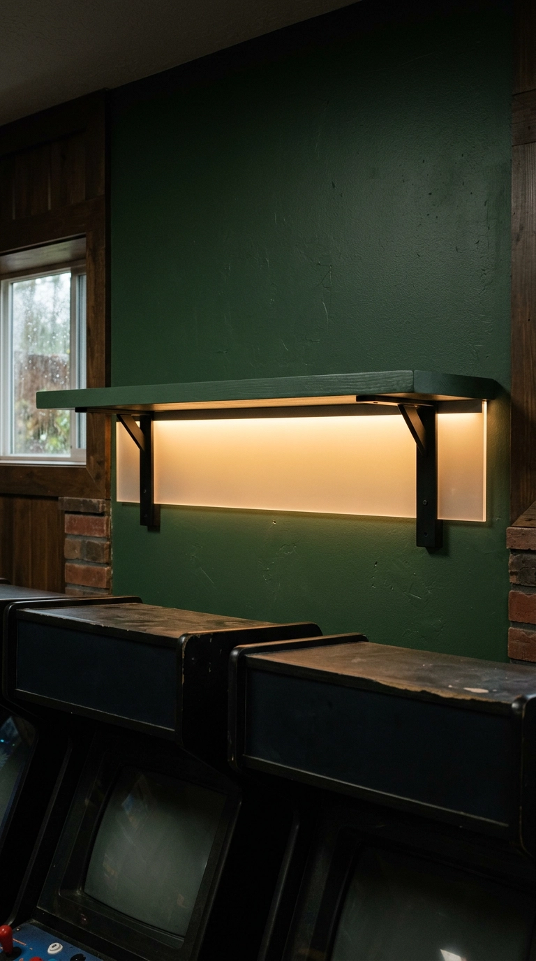 Backlit frosted acrylic marquee ledge glowing above arcade cabinets on a green wall