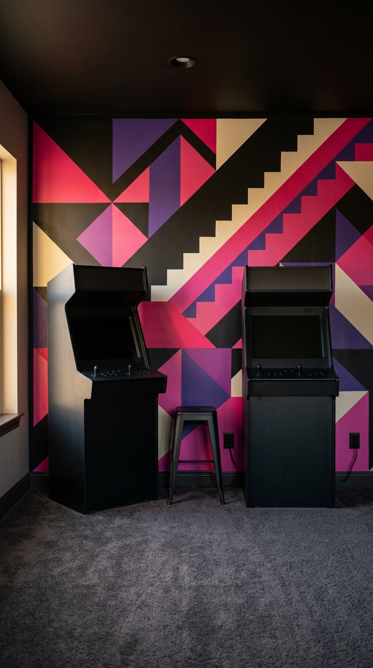 Abstract pink and purple geometric mural behind two black arcade cabinets