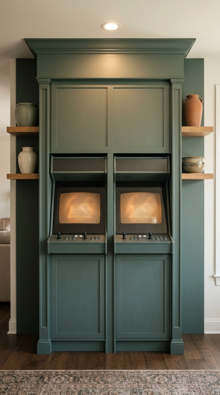 Two arcade cabinets recessed in custom sage green millwork built-ins in a family room