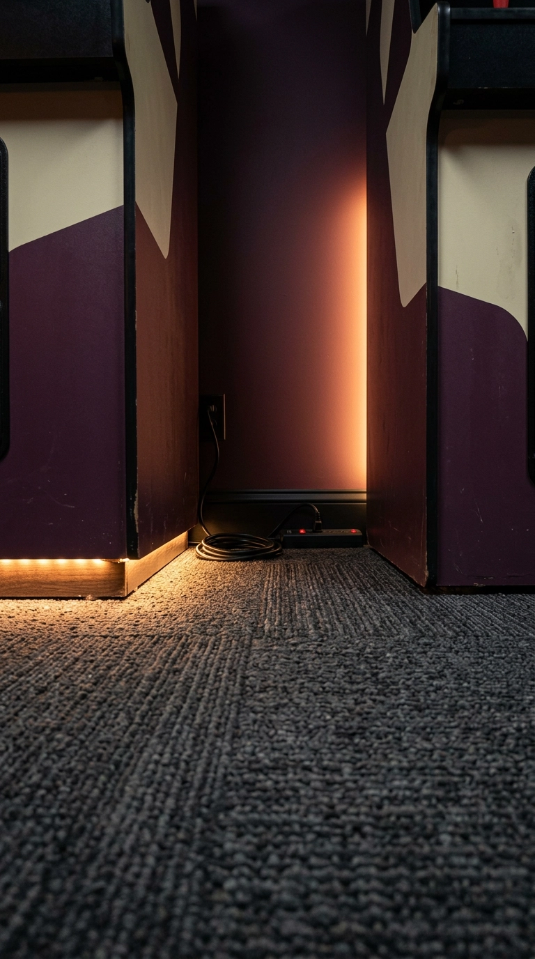 Warm LED strip lighting glowing beneath arcade cabinets onto dark carpet tile