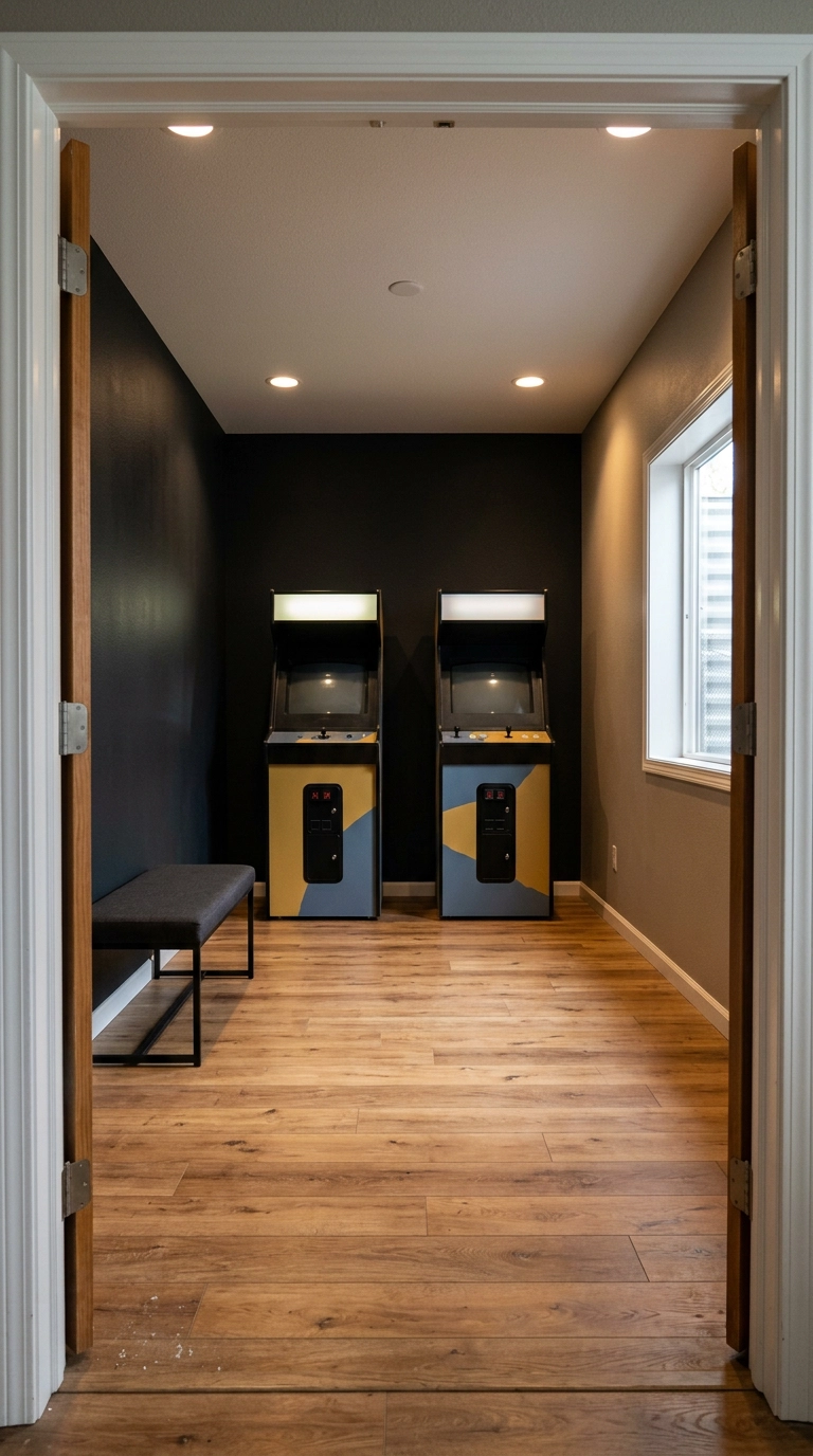 Arcade room with three near-black walls and one lighter greige wall for visibility
