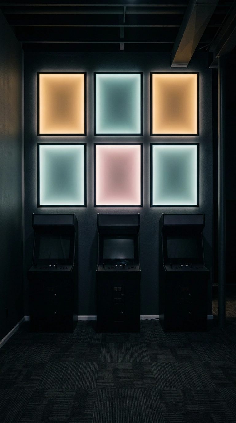 Wall of six backlit frosted acrylic color panels glowing above black arcade cabinets
