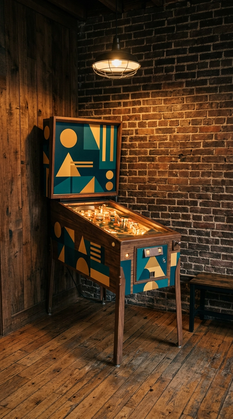 Walnut-finish pinball machine with abstract geometric art against a brick wall in an arcade room