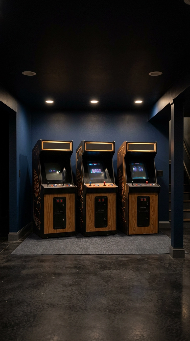 Matte black ceiling over a row of arcade cabinets in a deep navy basement arcade room