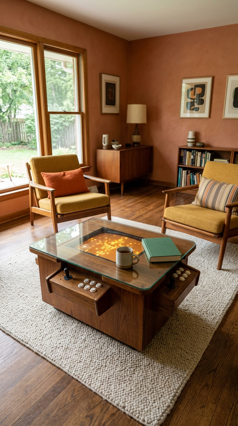 Low cocktail-table arcade cabinet used as a coffee table between two teak chairs