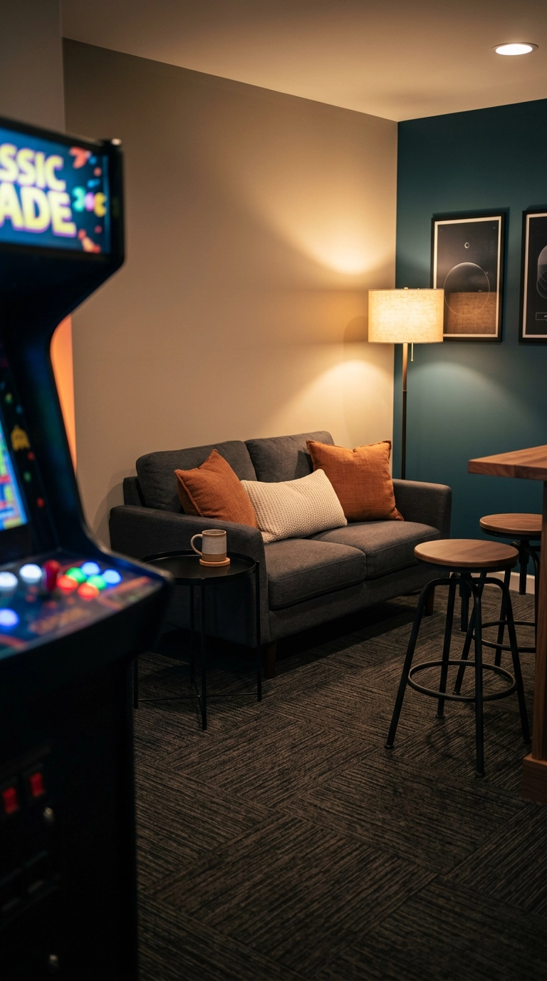 Low loveseat, swivel stools and side table facing arcade cabinet glow in a basement