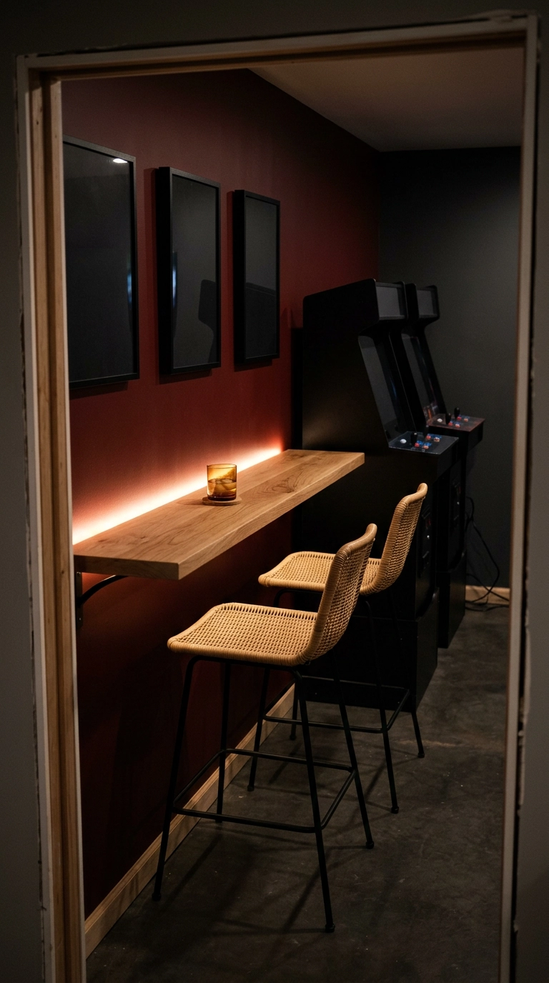 Wall-length oak bar-height shelf with rattan stools at 42 inches in a basement arcade room