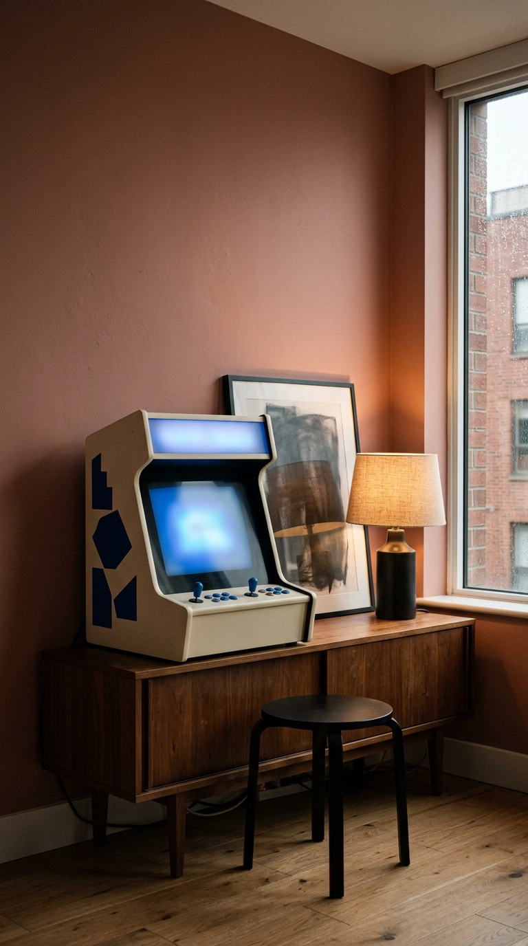Compact bartop arcade cabinet on a walnut credenza in a small apartment corner