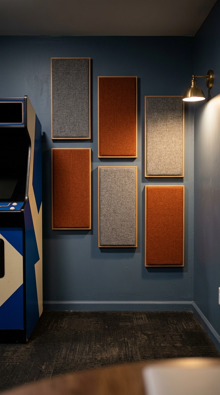 Staggered grey and rust fabric acoustic panels on a slate blue arcade room wall