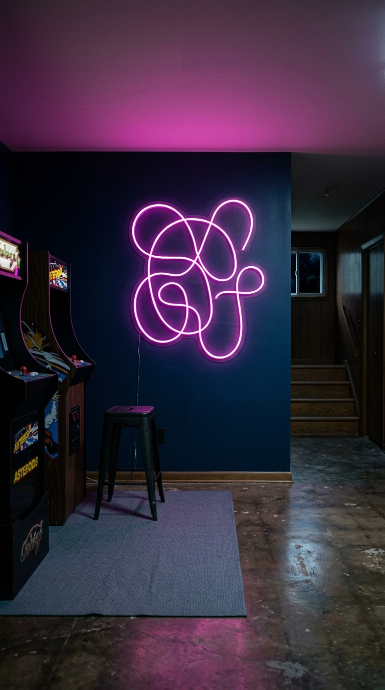 Abstract magenta neon sculpture glowing on a navy wall in a basement arcade room