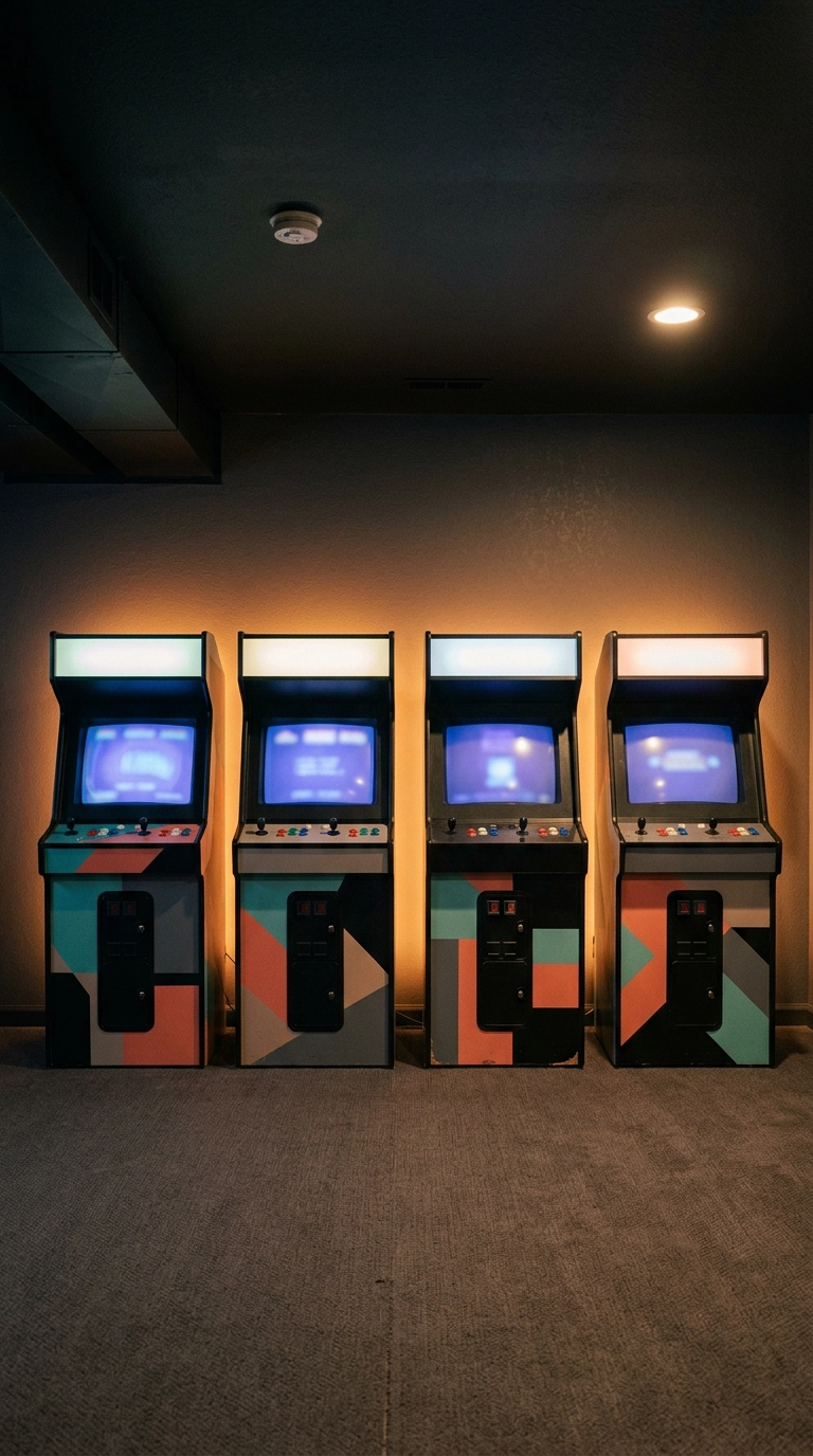 Row of four upright arcade cabinets against a charcoal wall in a basement arcade room
