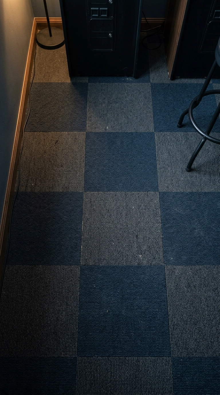Overhead view of dark charcoal and blue carpet tiles in a home arcade room