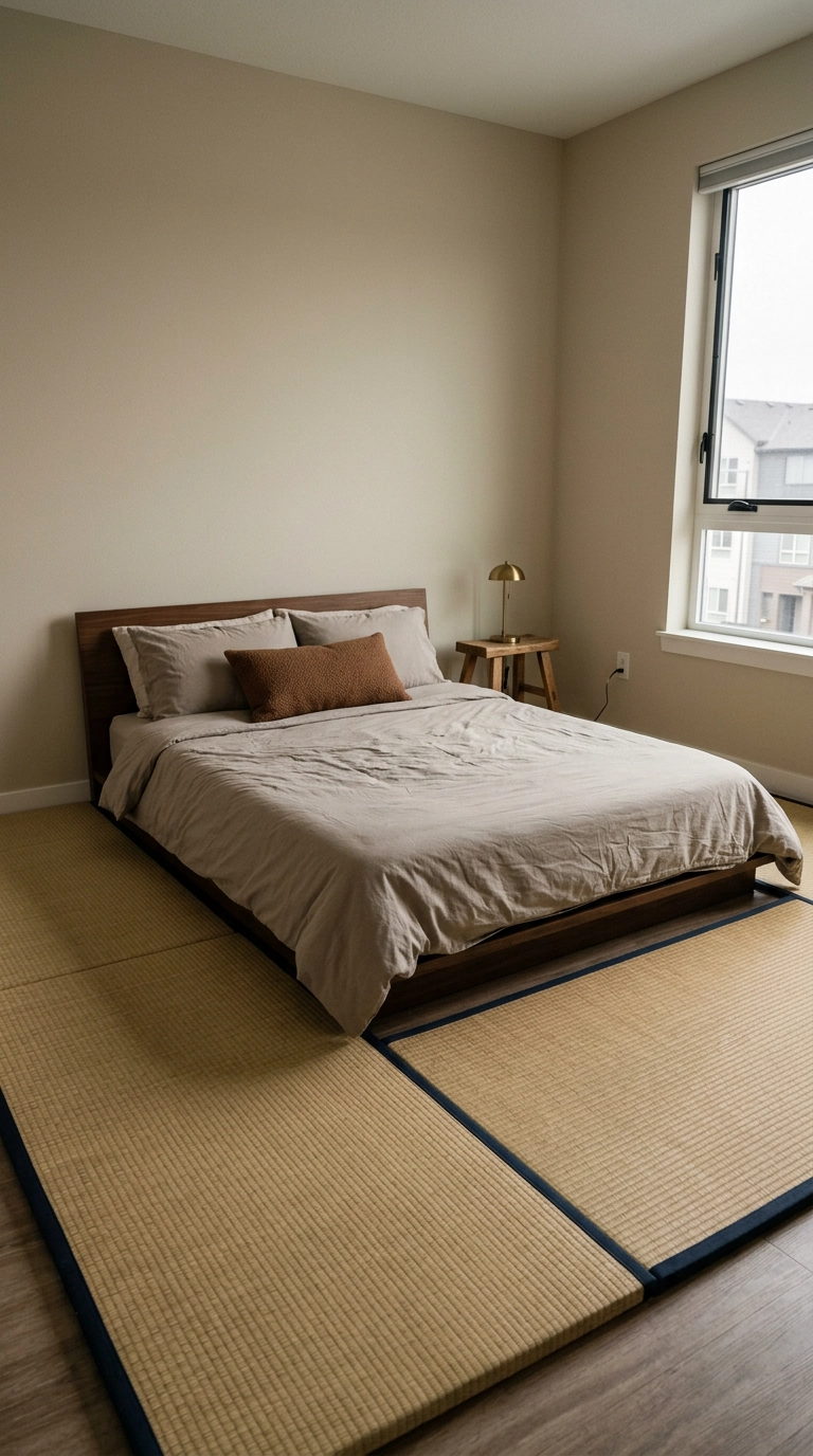 Woven straw floor mat panels under a low bed in a neutral bedroom
