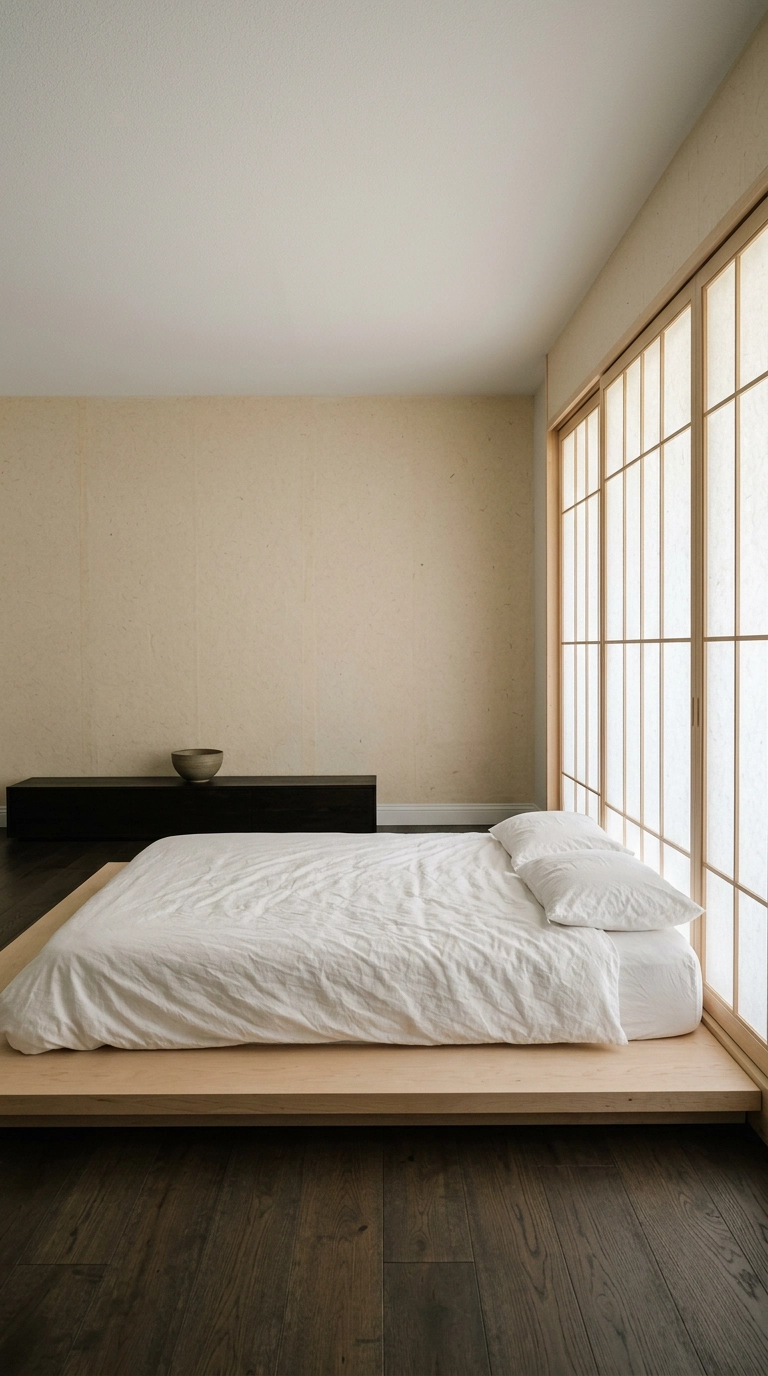 Low birch bed and paper sliding panels in a horizontal Korean-inspired bedroom