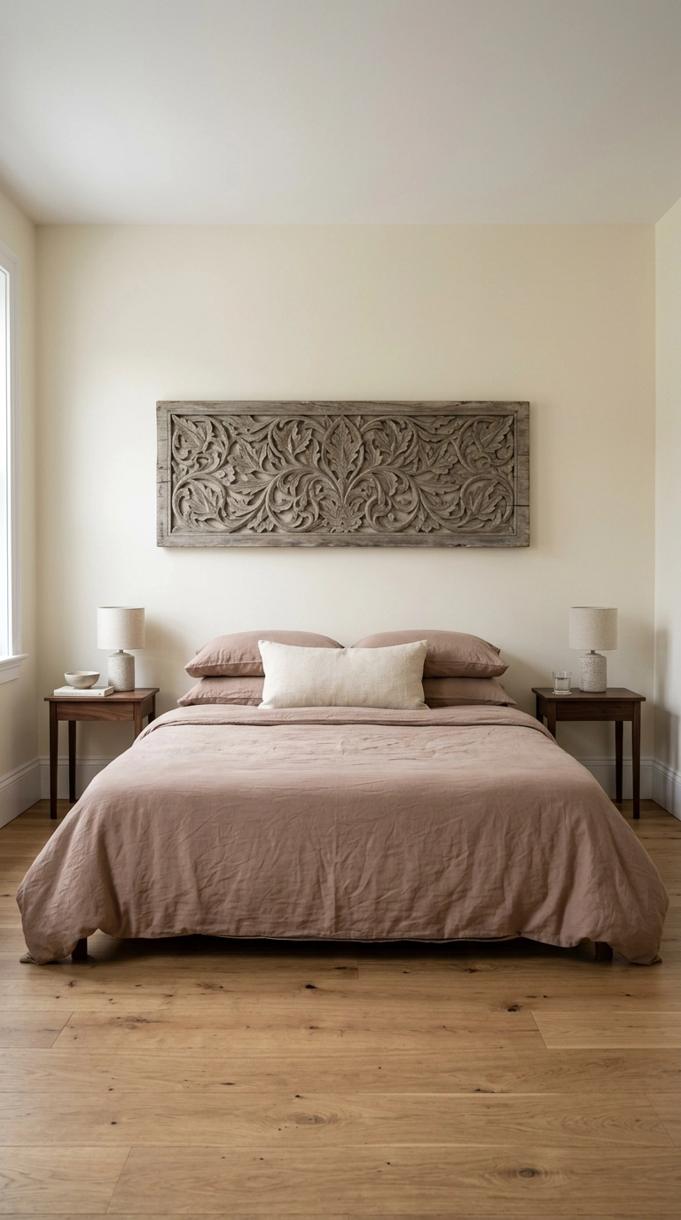 Large carved teak relief panel mounted above a low bed with clay-colored bedding