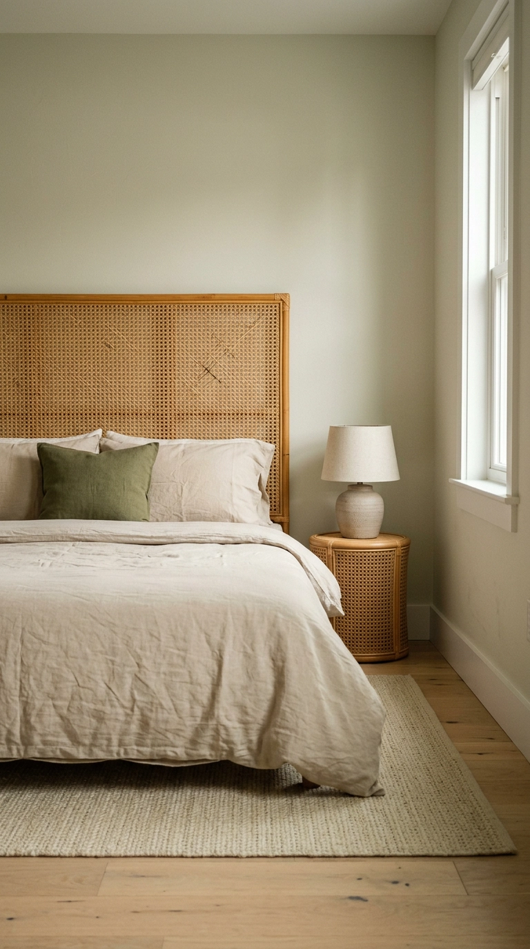 Woven cane webbing headboard with sand cotton bedding in a bright bedroom