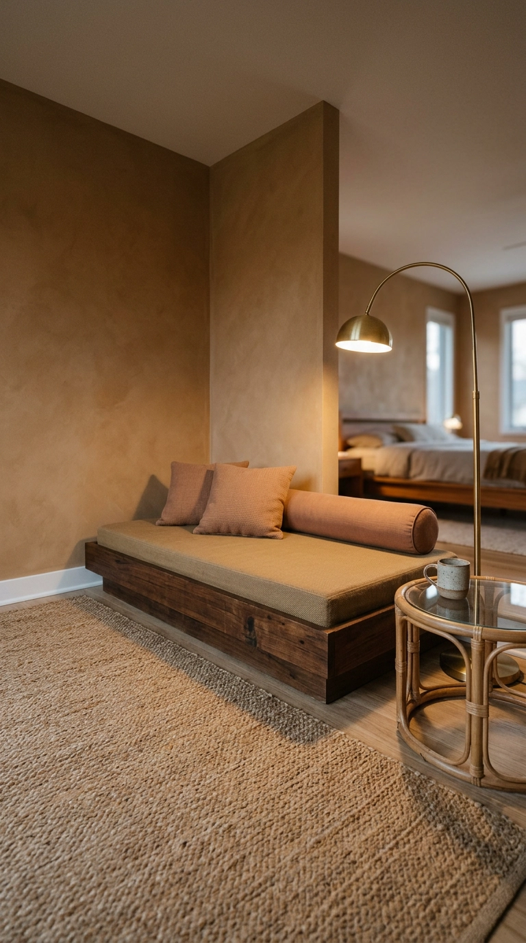 Low teak daybed with khaki cushion and bolster forming a bedroom lounge corner
