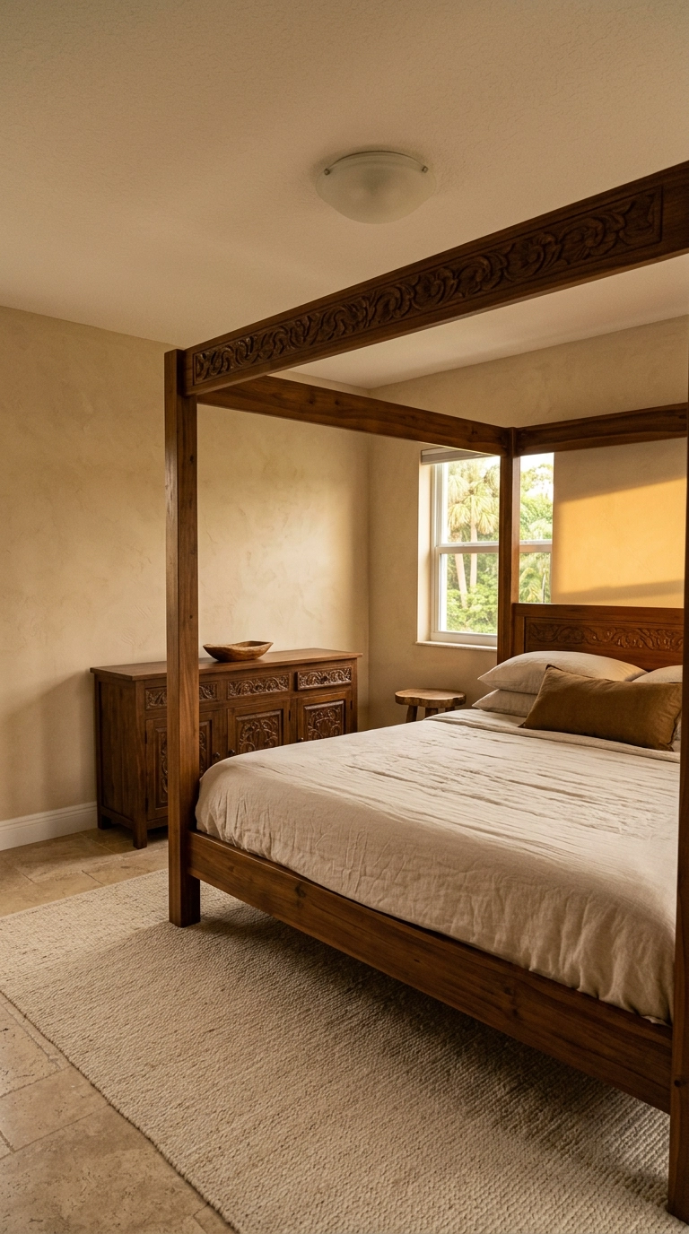 Carved dark teak four-poster bed with oat linen bedding in a warm sand-toned bedroom
