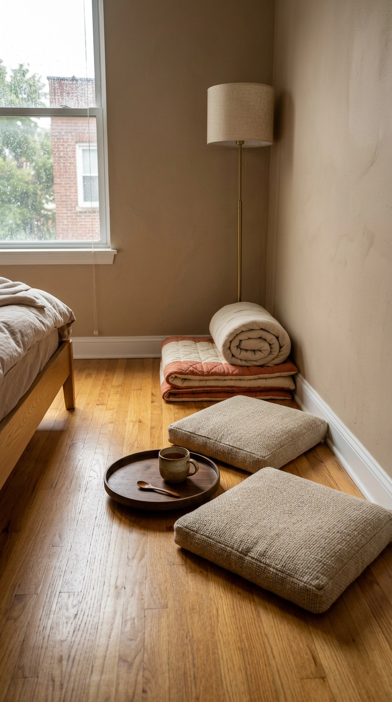 Floor cushions and a low tray table in a warm Korean-inspired bedroom corner