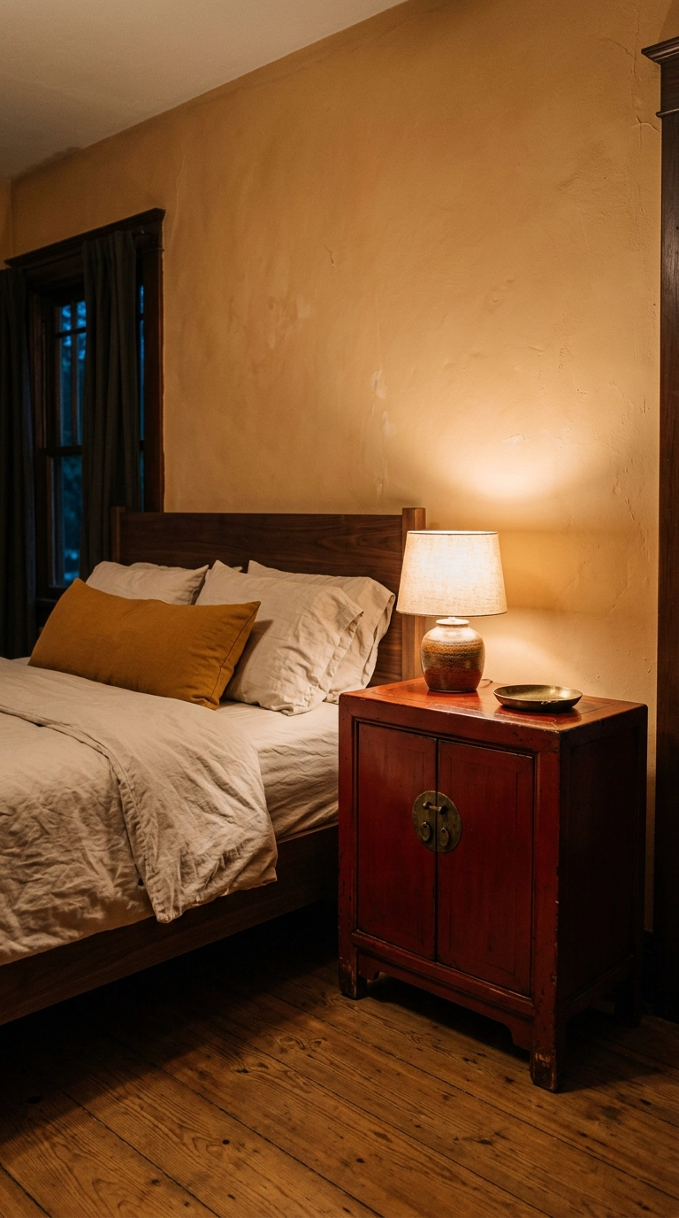 Red lacquered Chinese cabinet used as a bedside table under warm lamplight