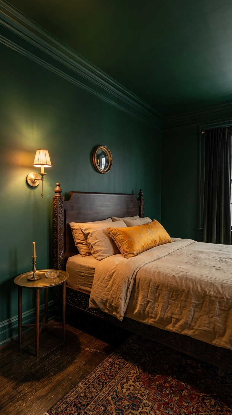 Emerald green color-drenched bedroom with a dark carved wood bed and brass sconce