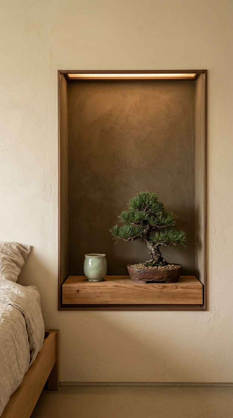 Shallow wall alcove holding one small bonsai and a celadon vessel