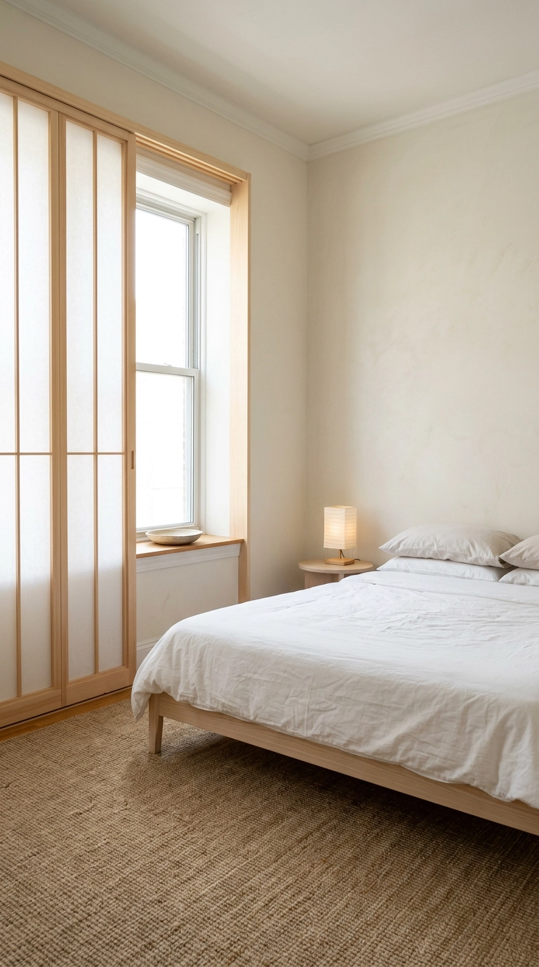 Sliding wood-frame paper screens diffusing daylight across a bedroom window