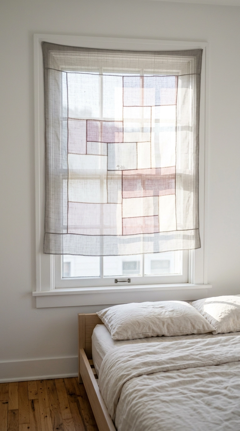 Translucent patchwork bojagi-style fabric panel filtering light at a bedroom window