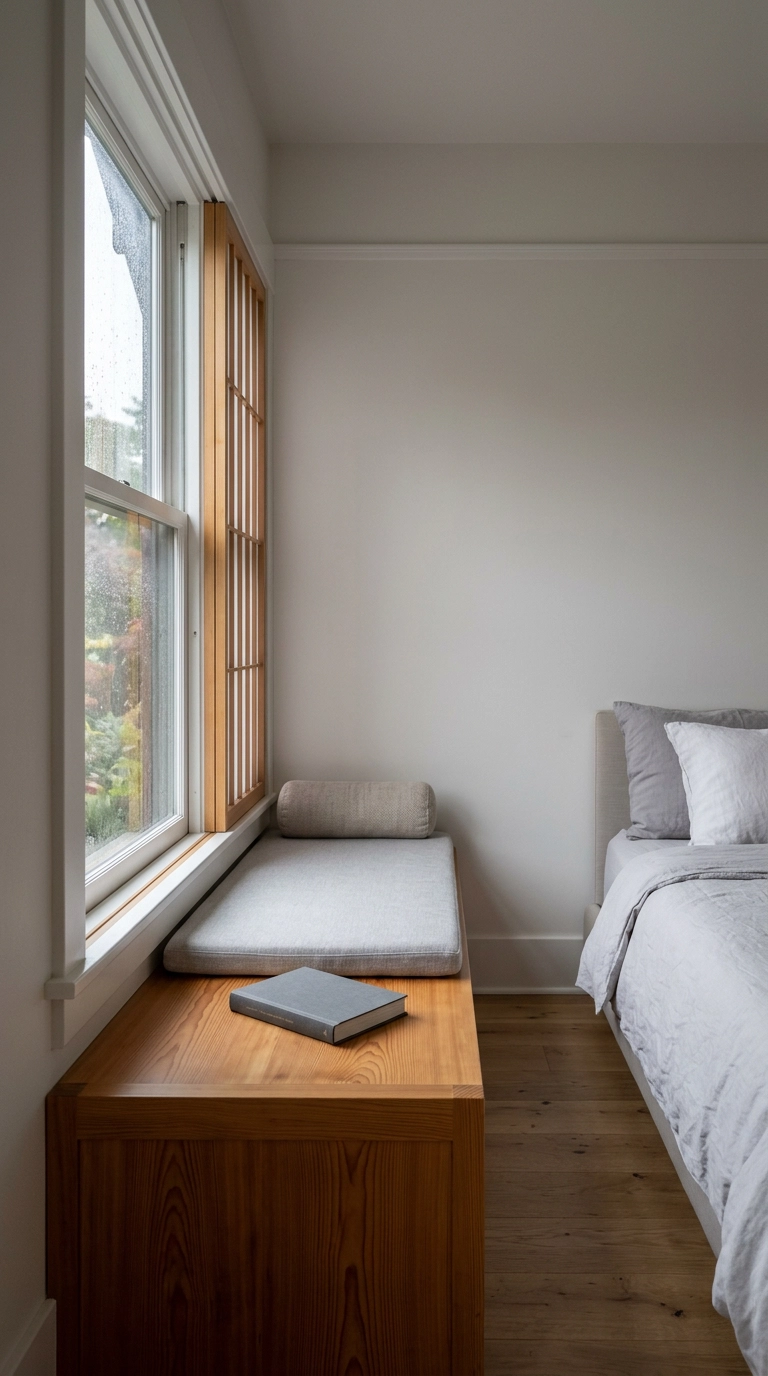 Deep cypress window bench with a grey linen cushion beneath a bedroom window