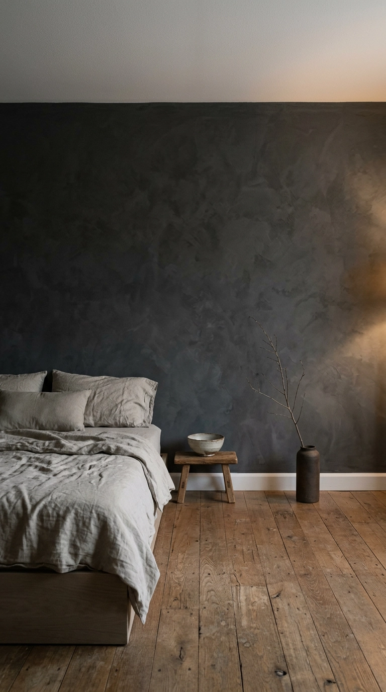 Mottled charcoal plaster wall with a low bed, one uneven stoneware bowl and a bare branch