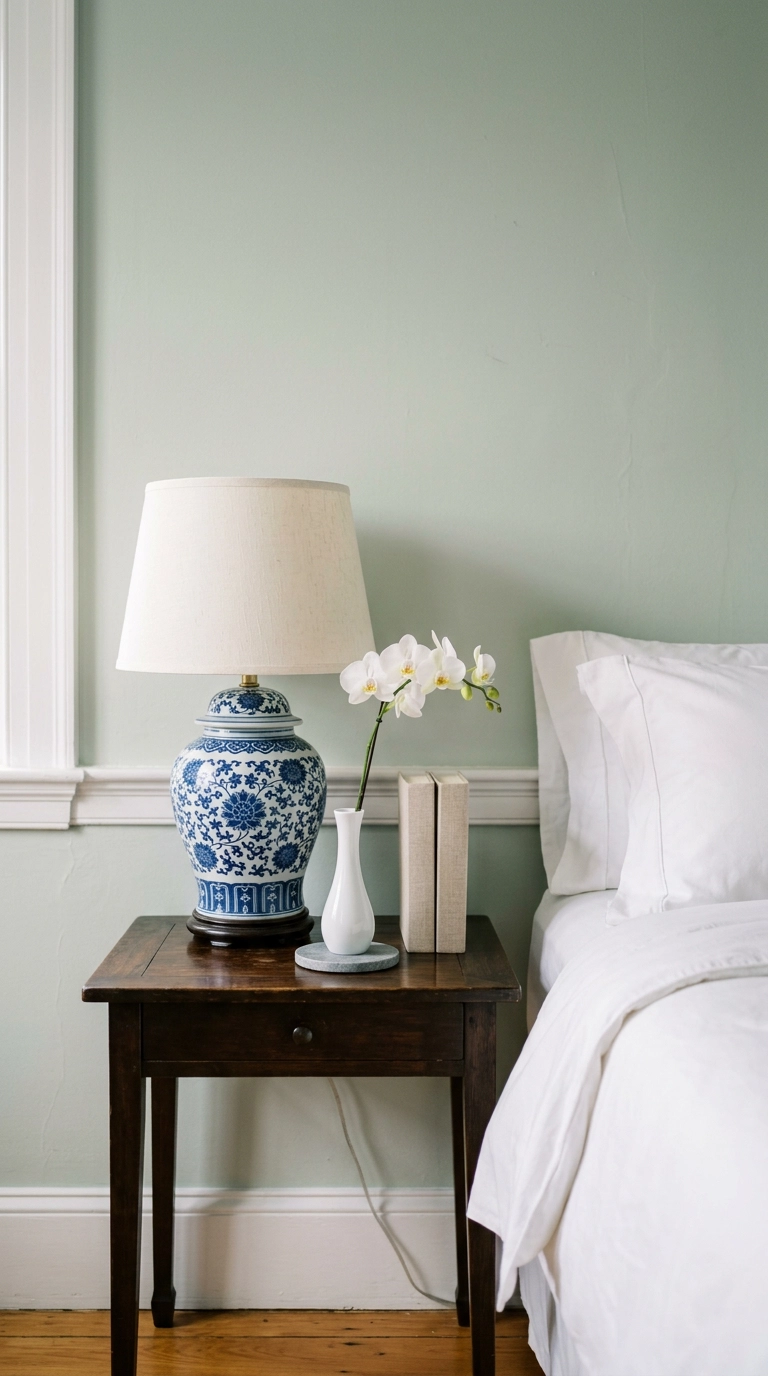 Blue and white porcelain lamp and one orchid stem against a celadon green wall