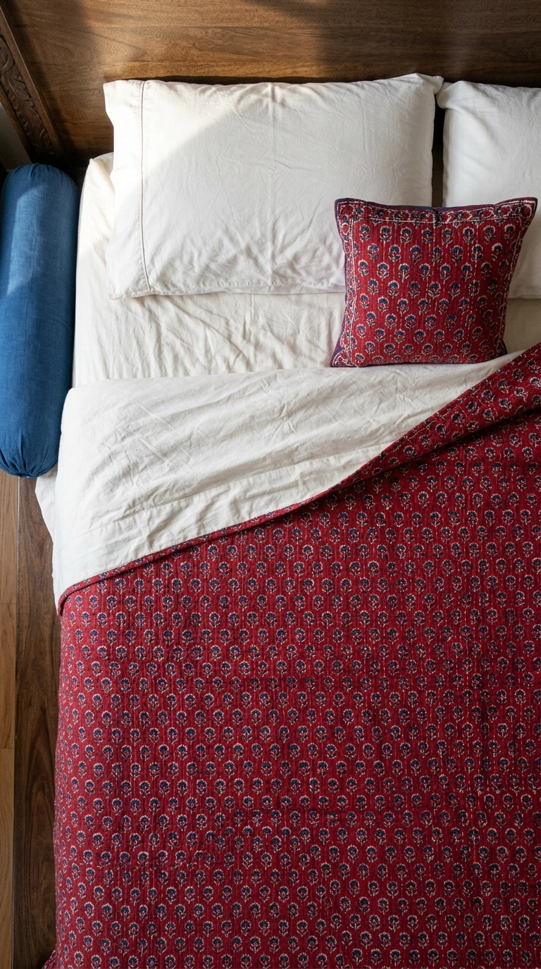 Block-printed red and indigo cotton quilt folded over white sheets, shot from above