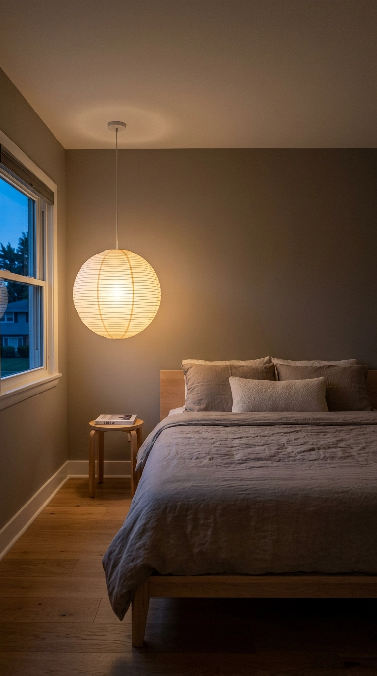Glowing spherical paper lantern pendant hanging over a low bed at dusk