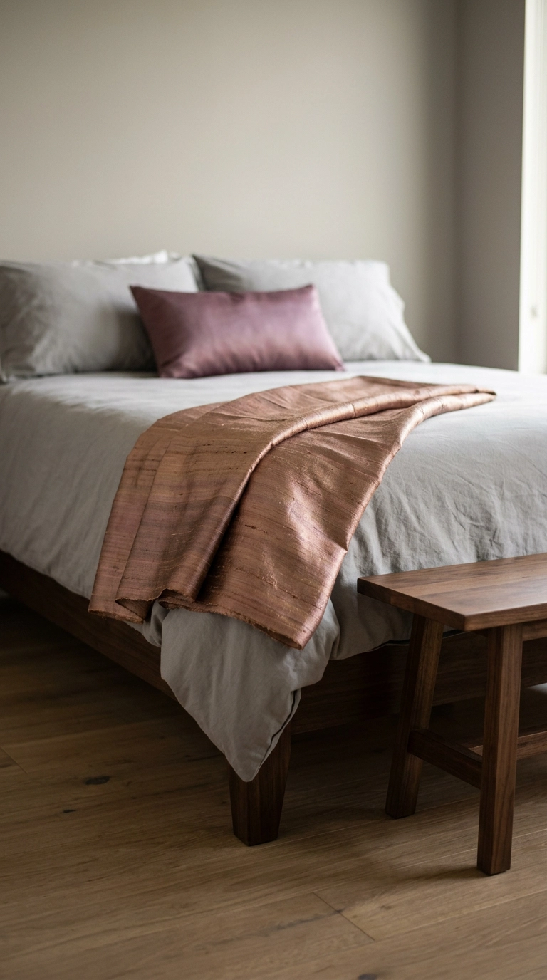 Folded bronze and rose hand-woven silk throw at the foot of a grey-bedded bed