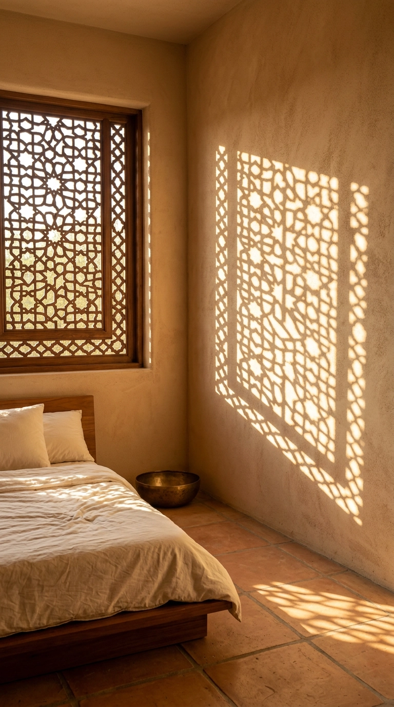 Geometric shadow pattern cast on a plaster wall by a carved wood lattice screen