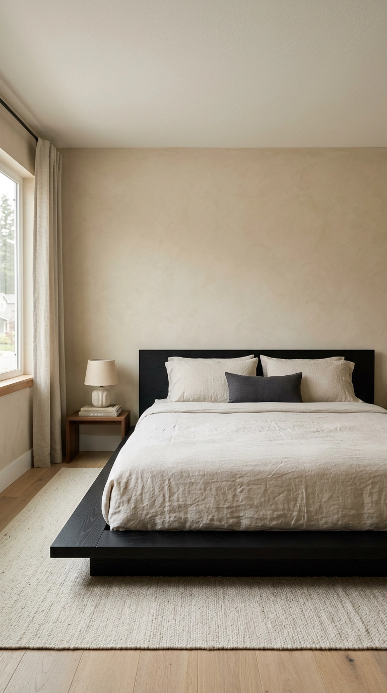 Low black oak platform bed with ecru linen bedding in a calm Japandi-style bedroom