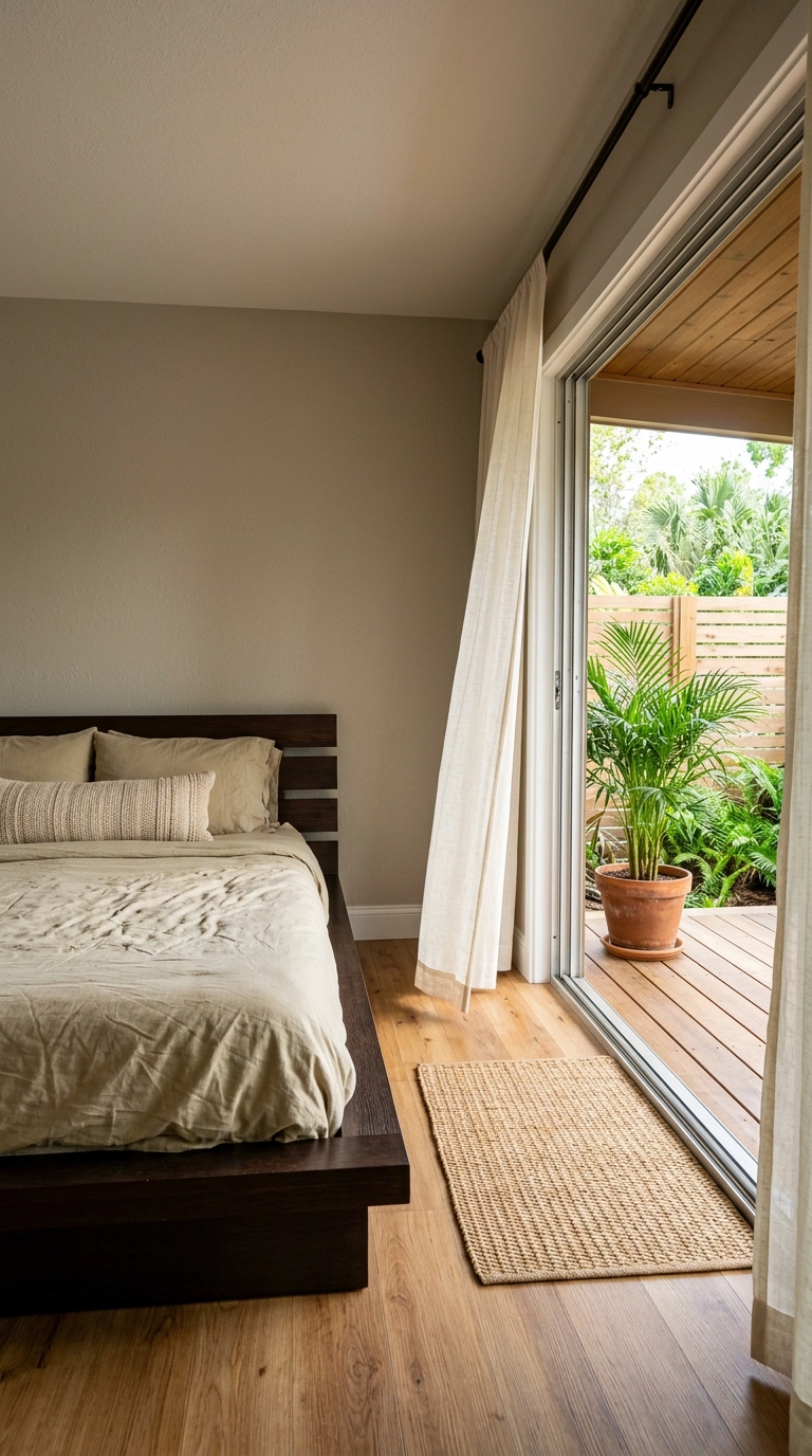 Bedroom with sliding doors open to a covered patio and sheer linen curtains moving