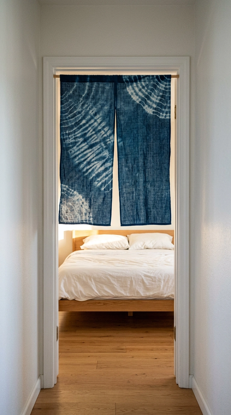 Indigo shibori split fabric panel hanging in a bedroom doorway