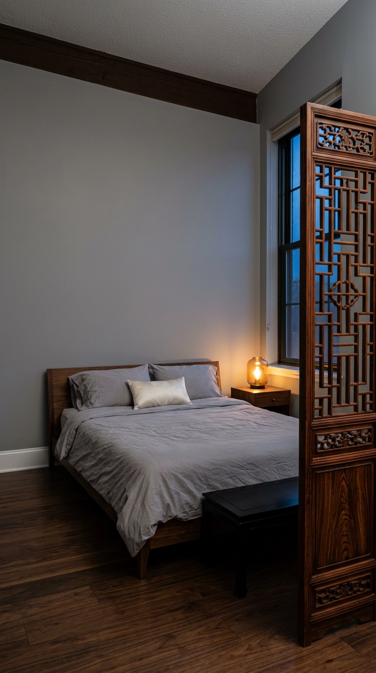 Carved dark wood lattice screen beside a low bed in a grey bedroom