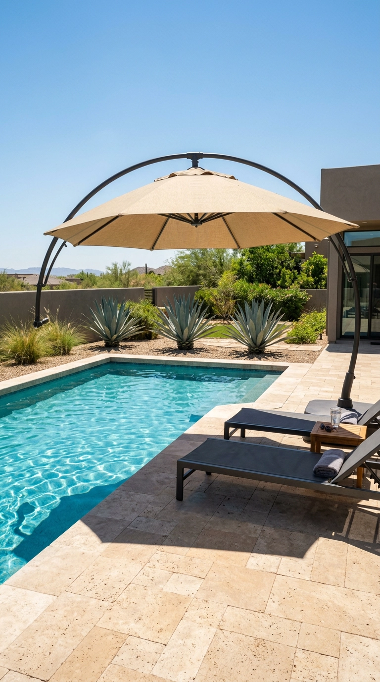 Angled cantilever umbrella with oatmeal canopy shading two loungers beside a turquoise pool