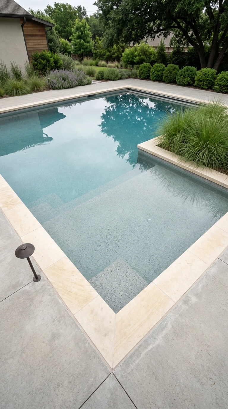 Pool with pale grey quartz interior finish reading as soft silvery blue-green water