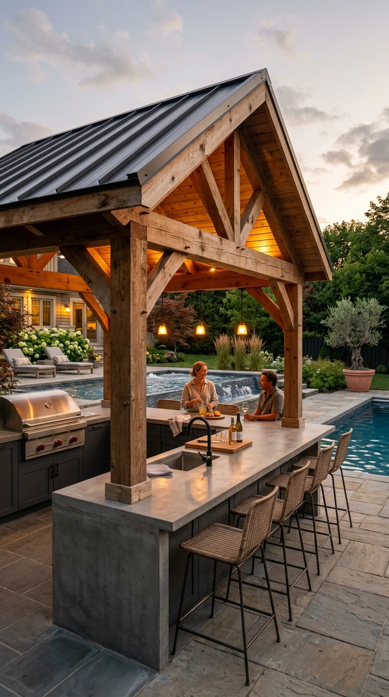 Cedar post-and-beam outdoor kitchen pavilion beside a pool with concrete countertops at dusk