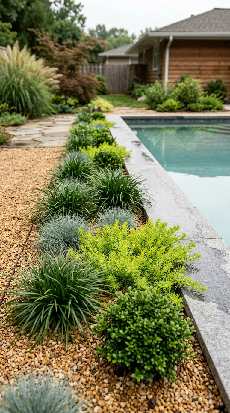 Low bed of mondo grass, blue fescue, and sedum planted tight against grey pool coping